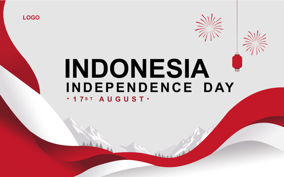 Modern Indonesia Independence Day background featuring red and white flag waves, mountain scenery, lantern decorations, and patriotic typography for August 17 celebrations, banners, posters.