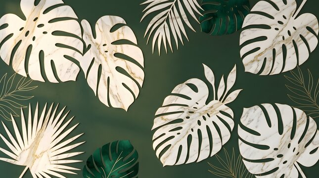 Elegant marble monstera leaves arranged on a dark green background creating a luxurious botanical pattern with gold vein detailing throughout
