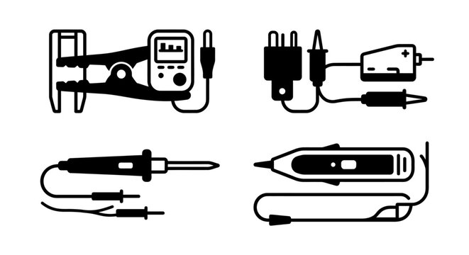 Set of black and white icons representing various electrical testing and soldering tools.