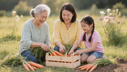 Obraz premium Three Generations of Asian Women Harvesting Carrots Together.
