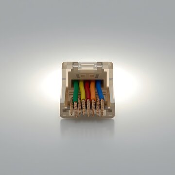 A cleanly cut ethernet cable cross-section showing four twisted pairs and copper conductors. Macro distance, ring light overhead &mdash; unexpectedly architectural.