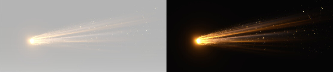 Astronomical comet with bright golden glow and streaming particle tail in cosmic motion, overlay  © theladydarina