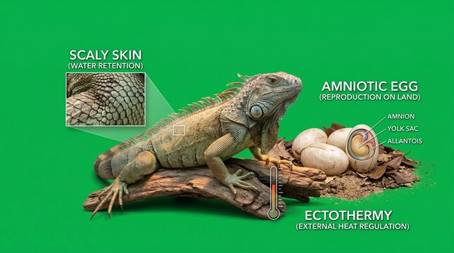 Iguana on a branch with eggs labeled with scaly skin and ectothermy on green background