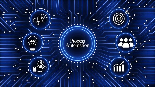 Process automation digital animation with circuit board pattern and neon blue glow, concept of business efficiency and innovation.