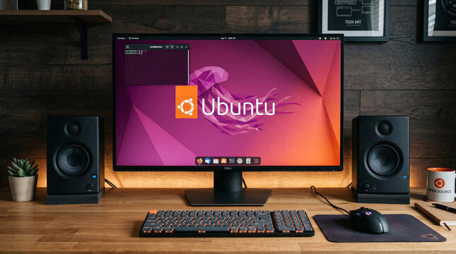 Professional workspace setup displaying Ubuntu Linux desktop interface with terminal window on a monitor screen, featuring mechanical keyboard, gaming mouse, studio speakers and open source mug.