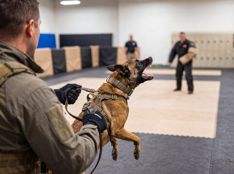 Police K9 unit Belgian Malinois dog aggressively training with handler indoors, ready to protect and serve.