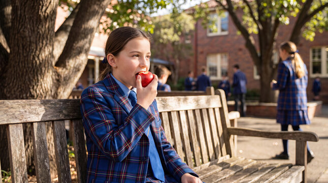 Young schoolgirl in a blue plaid uniform blazer sitting on a wooden bench outside a brick school building and biting a fresh red apple during a sunny recess with classmates in the background