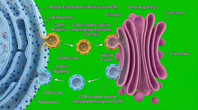 Detailed illustration of cellular transport between endoplasmic reticulum and golgi apparatus