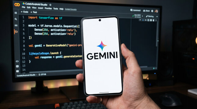 Smartphone displaying Google Gemini AI logotype held by a hand with a professional computer monitor background showing programming code interface in Android Studio and Colab for LLM development.