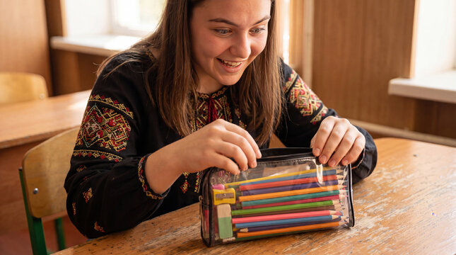 Smiling teenage schoolgirl wearing a black embroidered blouse sitting at a wooden desk in a classroom and opening a transparent pencil case filled with colorful pencils and erasers