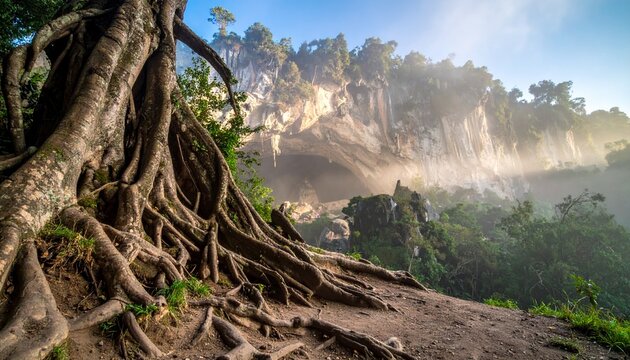 Morning mist over ancient forest mountain trail.