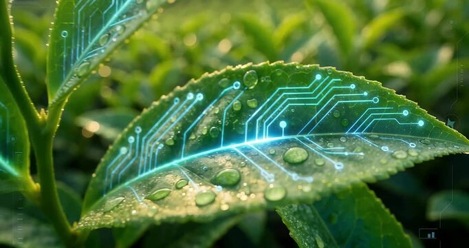 A green leaf with water droplets and an illuminated blue circuit board pattern, symbolizing the integration of nature and technology.