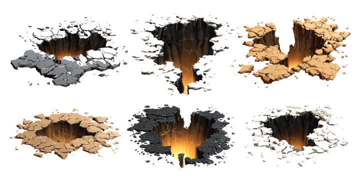 Set of six different ground holes and cracks with rocky textures and deep shadows