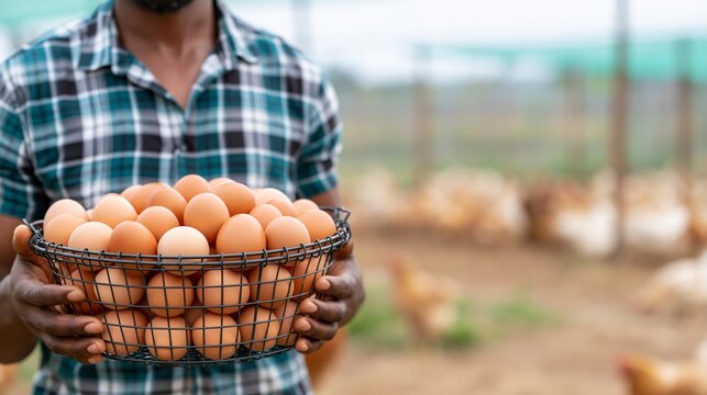 Middle-aged Black male farmer holds wire basket filled with fresh brown eggs on a free-range chicken farm in bright daylight