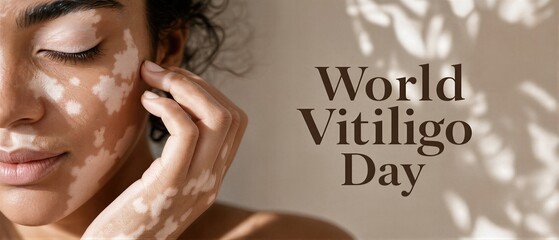 Fototapeta na wymiar Woman with vitiligo touching her face. Awareness campaign for World Vitiligo Day. Concept of self acceptance and diversity in beauty. Banner with copy space