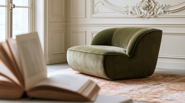 Modern green velvet armchair in a Parisian apartment living room with elegant wall moldings and a decorative area rug