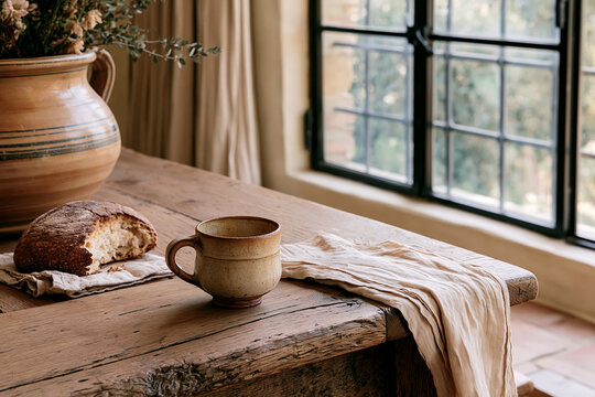 Solid oak farmhouse table in a Tuscan kitchen with vintage ceramic cup, honey pot, and torn bread on linen cloth by a window
