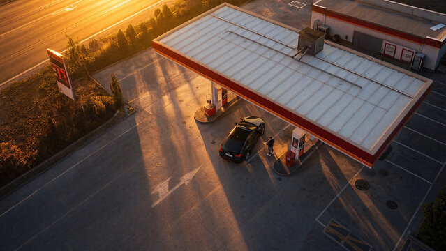 Refuel fuel gasstation pump car receipt keys driver payment sunset scene showing a driver holding receipt and car keys beside a pump during golden hour with warm light and blurred road background