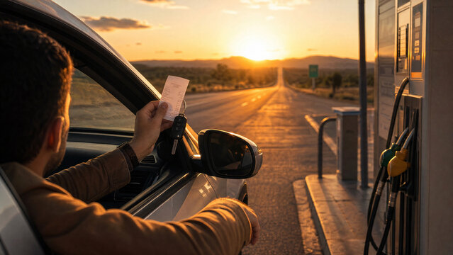 Refuel fuel gasstation pump car receipt keys driver payment sunset scene showing a driver holding receipt and car keys beside a pump during golden hour with warm light and blurred road background