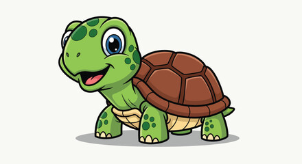 Obraz premium Cute cartoon green turtle character standing and smiling on white background.