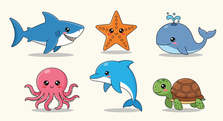 Cute cartoon sea animals collection including shark starfish whale octopus dolphin and turtle. © ErianJendra