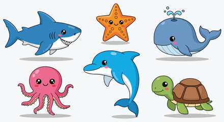 Cute cartoon sea animals set including shark whale dolphin octopus turtle and starfish. © ErianJendra