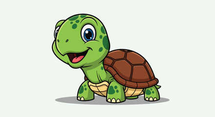 Obraz premium Cute green cartoon turtle character with brown shell and smiling face on white background.