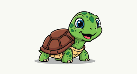 Obraz premium Cute green cartoon turtle vector illustration with brown shell and smiling face.