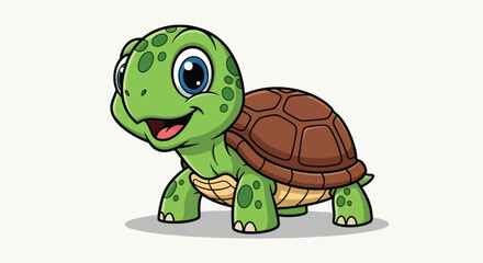 Obraz premium Cute green cartoon turtle with brown shell smiling on white background.