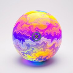 Obraz premium Colorful sphere features swirling patterns, vibrant hues. Small gear embedded within surface adds mechanical detail. Glossy finish reflects light.