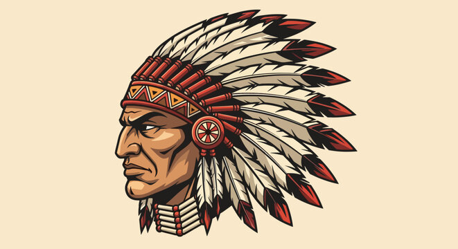 Portrait of a Native American Chief with a Traditional Feather Headdress.