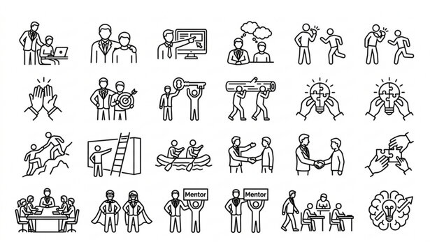 Mentorship and leadership line icon set, professional guidance and business teamwork symbols for corporate training.
