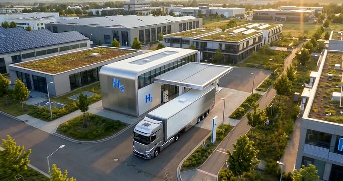 Aerial view of a modern logistics hub featuring a semi-truck at an advanced refueling station within a sustainable business park with green roofs.