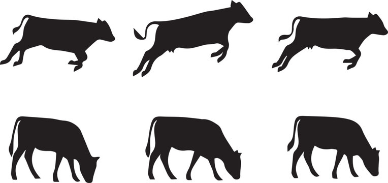 Set of Cow Silhouette Icons Running and Grazing Vector Art