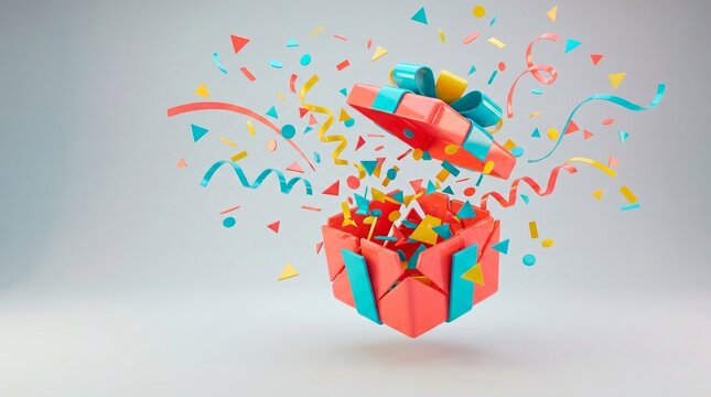 Exploding gift box with colorful confetti and ribbons, happy birthday, celebration background energy
