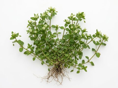 Common chickweed plant with roots isolated on white background