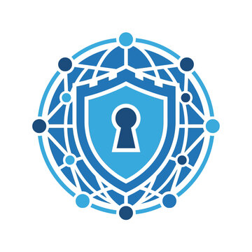 A blue digital shield icon representing global network data security