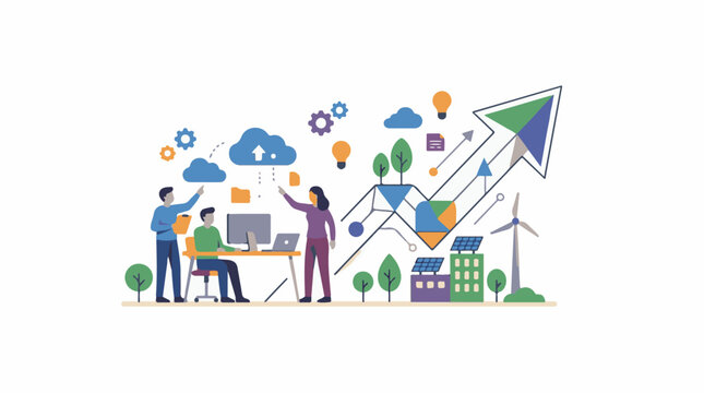 A colorful illustration of three people working together surrounded by symbols representing technology and environmental sustainability
