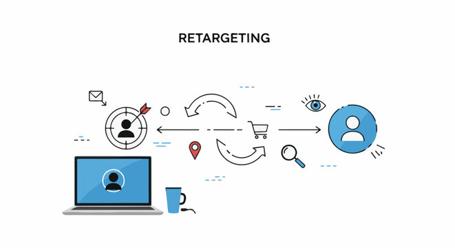 A flowchart illustrating the process of retargeting, with a laptop, icons, and various symbols