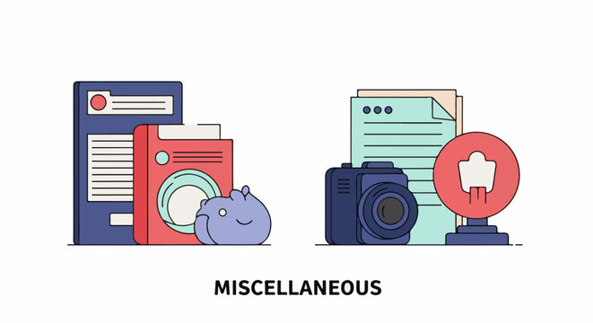 Colorful illustration of miscellaneous objects including appliances and cameras