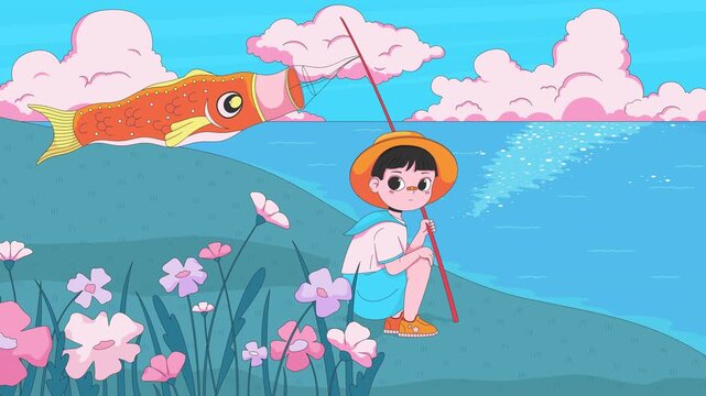 Cute japanese child and koinobori festival lofi animation. Children day. Boy with carp streamer beside shoreline. Lo Fi aesthetic animated background 4K video. Flat 2D cartoon nostalgic live wallpaper