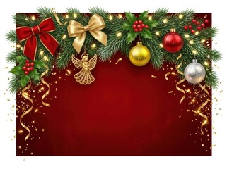 Naklejka premium Christmas festive background with pine branches, red and gold ornaments, ribbons, holly berries, and an angel on a deep red backdrop