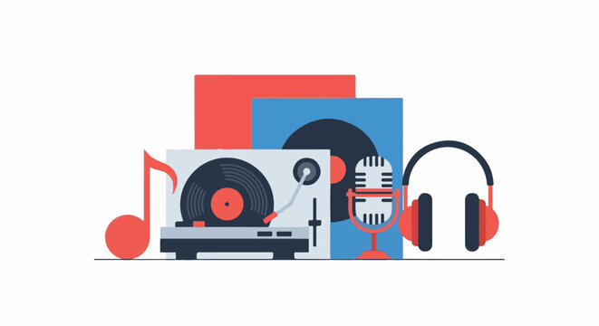Colorful music equipment illustration with turntable and microphone