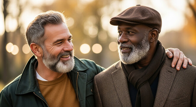Two men with beards walk together outdoors, arm around shoulder, representing friendship, companionship, and shared moments, symbolizing connection and support.