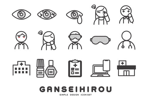 目薬や眼精疲労についてのベクターイラストアイコンセット