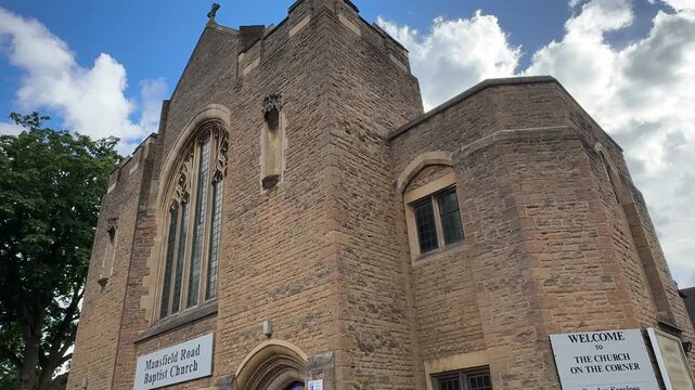 View of Mansfield Road Baptist Church in Nottingham, Nottinghamshire, England, featuring historic church architecture and a notable religious landmark.
