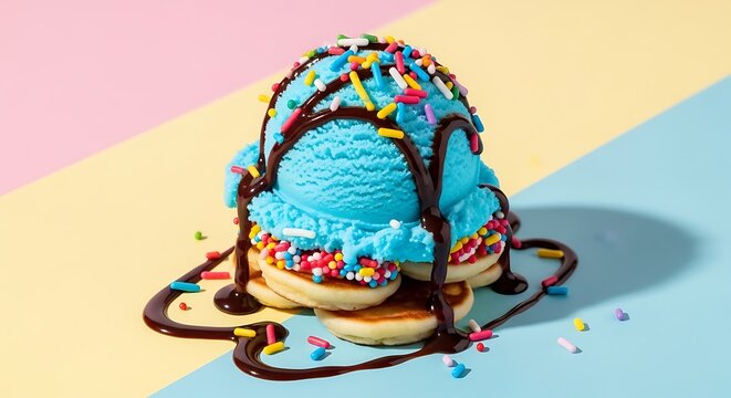 Blue Ice Cream with Sprinkles and Chocolate Sauce Stacked on Mini Pancakes