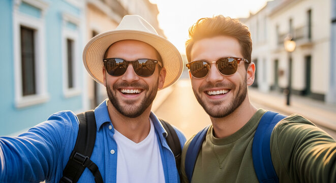 Two smiling men in sunglasses take a selfie on a sunny street, representing friendship and travel enjoyment.