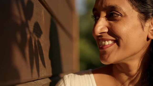 Smiling Indian woman standing outdoors against wooden wall. Close up portrait of happy lady in sunshine with leaf shadow projection on siding. Lifestyle concept