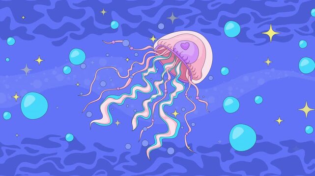 Dreamy jellyfish ocean lofi animation. Medusa tentacles drifting in sparkles and bubbles. Magical underwater jelly. Lo Fi aesthetic animated background 4K video. Flat 2D cartoon live wallpaper